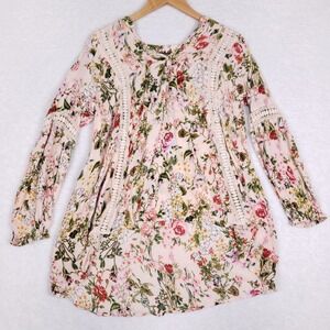 Chelsea Theodore Blouse Floral Crochet Trim Size L Pink Cottagecore Boho